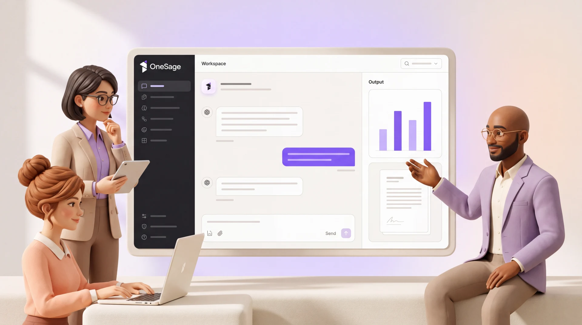 OneSage research, finance, and design AI teammates working around a shared product workspace.