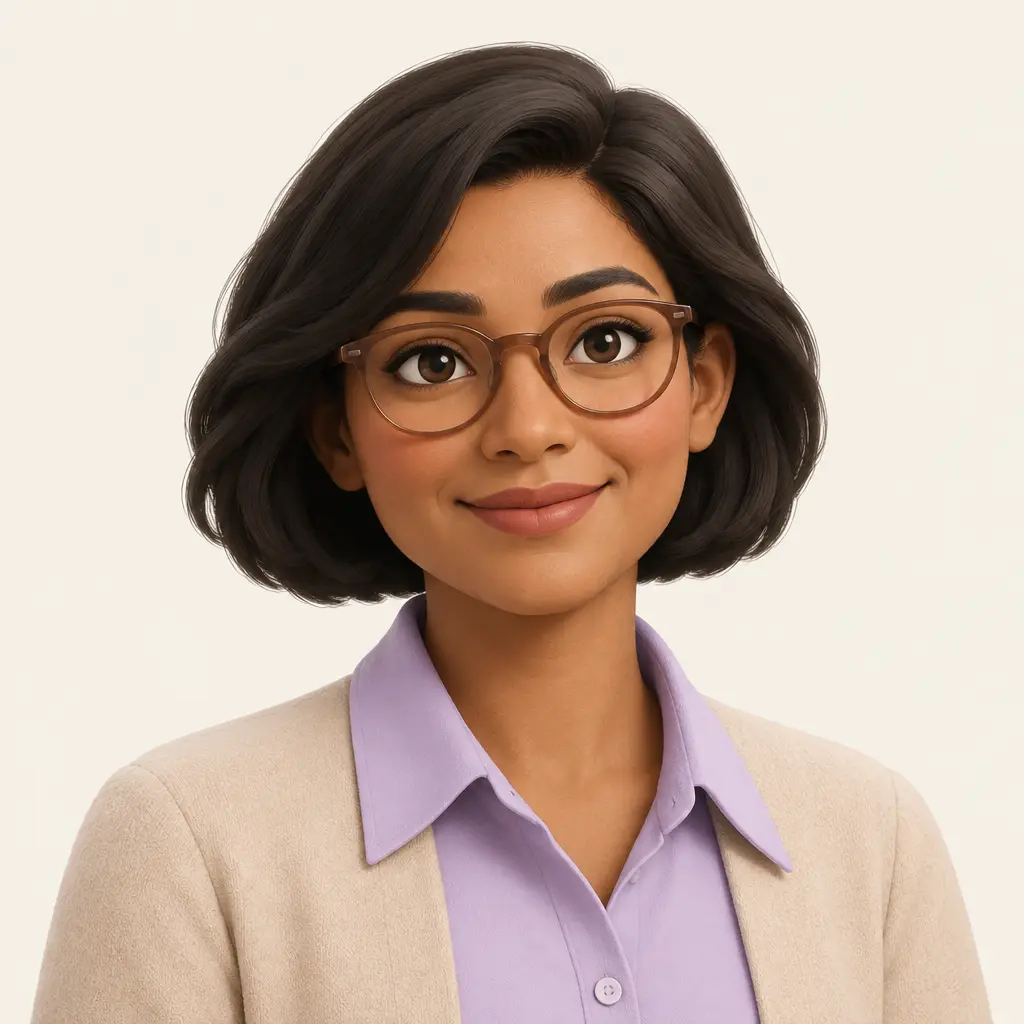 An original illustrated OneSage AI teammate wearing glasses and a lavender shirt